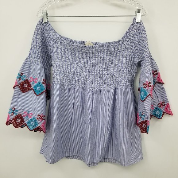 Loft Ann Taylor Blue and White Striped Smocked Top Shirt Size Medium Petite - Picture 1 of 10